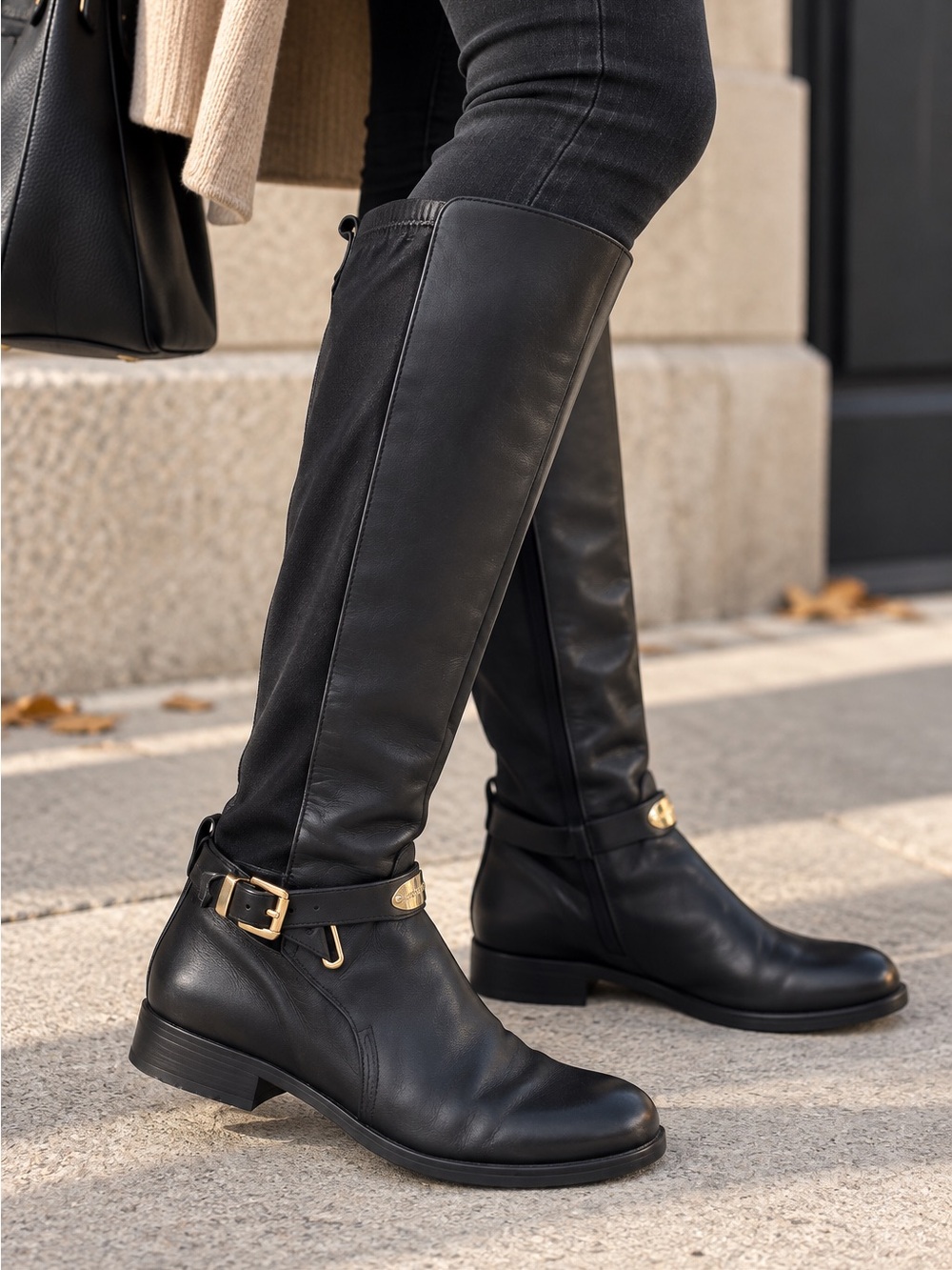 Michael Kors Black Knee-High Riding Boots Gold Hardware